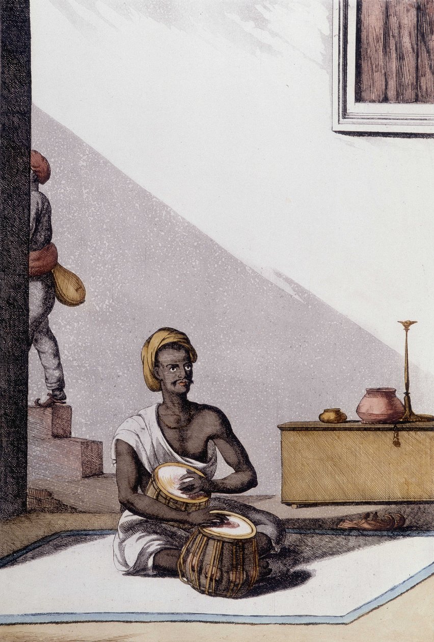 Cultura e civiltà indiana: musicista che suona le tablas, strumento musicale tradizionale, India. Incisione del 1808 da Unknown artist