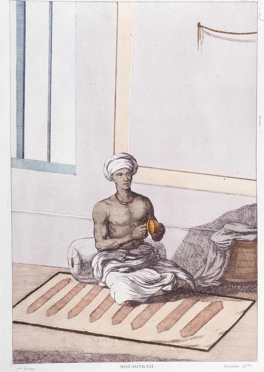 Cultura, civiltà e società indiana: musicista con percussioni tradizionali indiane. Incisione del 1808 da Unknown artist