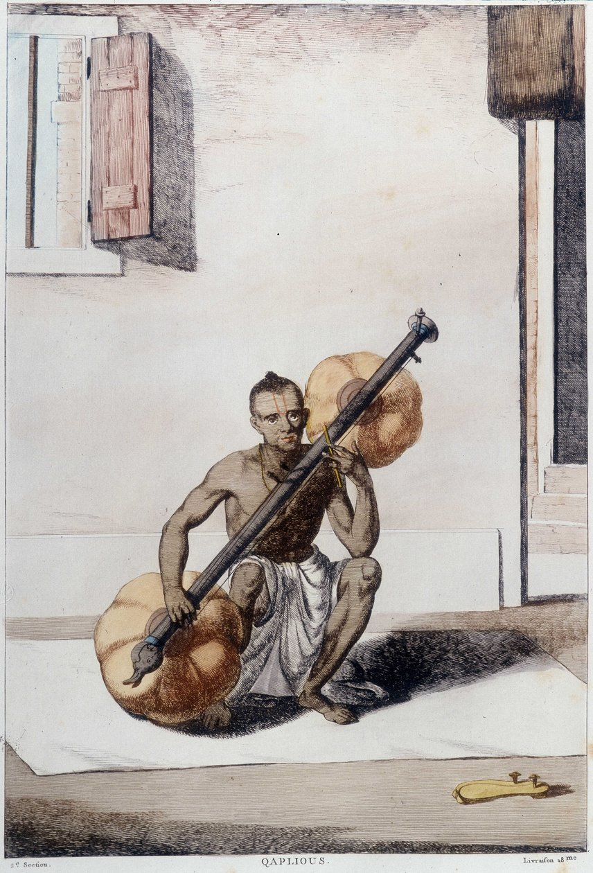 Cultura, civiltà e società indiana: musicista con strumento a corda tradizionale indiano. Incisione del 1808. da Unknown artist