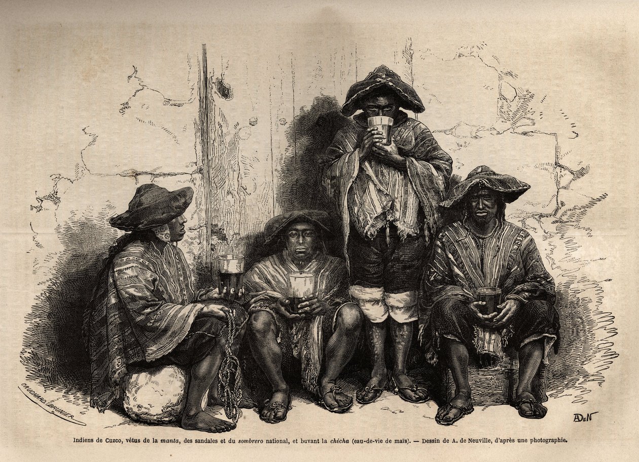 Indiani di Cuzco (Perù), vestiti con la manta, sandali e sombrero tradizionale, impiegati come manodopera per lo sfruttamento dei depositi di guano nelle Isole Chincha, bevendo shisha, ma brandy fermentato. Incisione per illustrare Les iles Chincha, raccon da Unknown artist