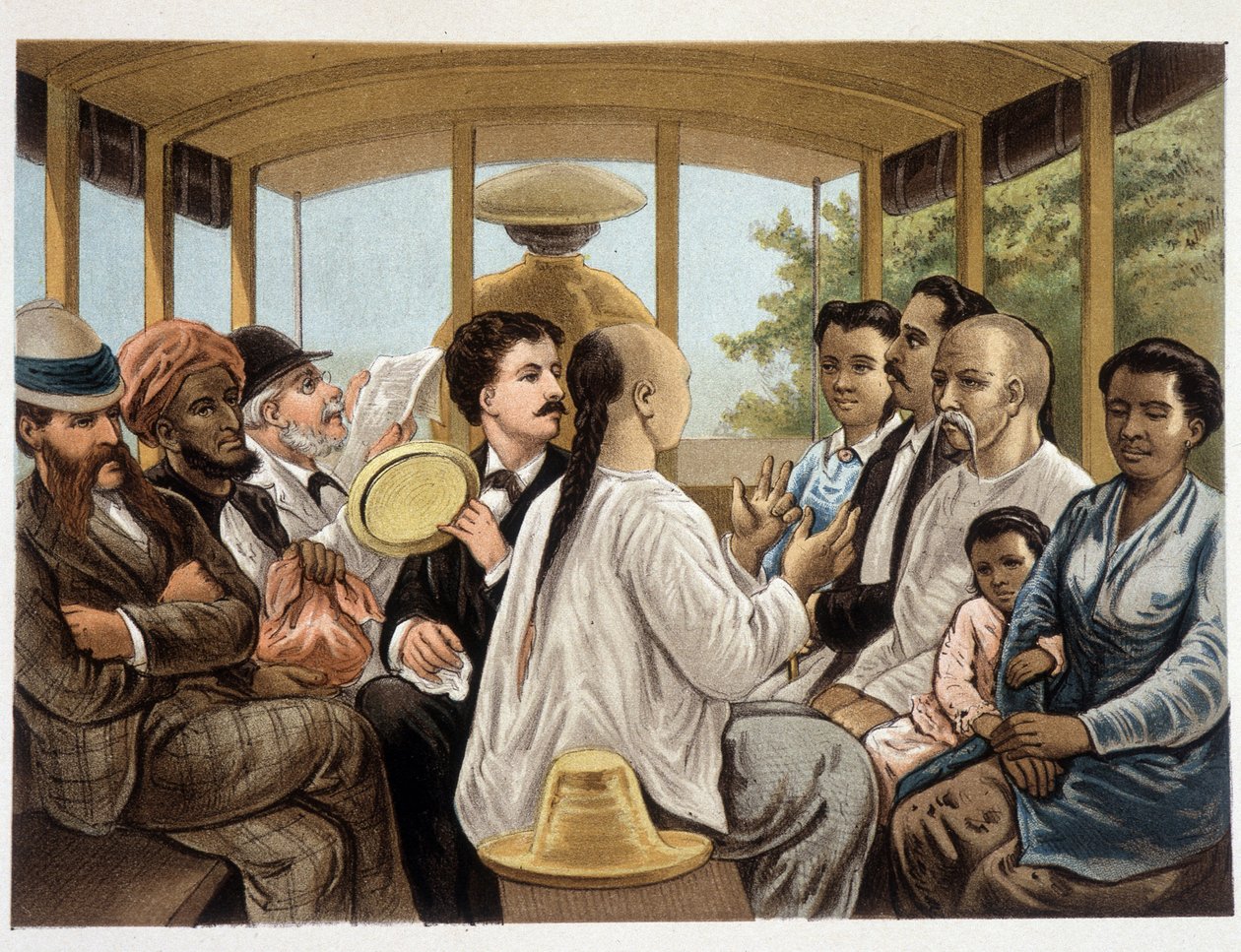 Indonesiani e occidentali in un autobus indonesiano - "Het kamerlind van Berkentstein in Nederlandsch-Indie" di MTH Perelaer - Leiden - AW Sijjhoff disegni di JC Rappard - Batavia "dans un transport" de eerste avond aan wal da Unknown artist