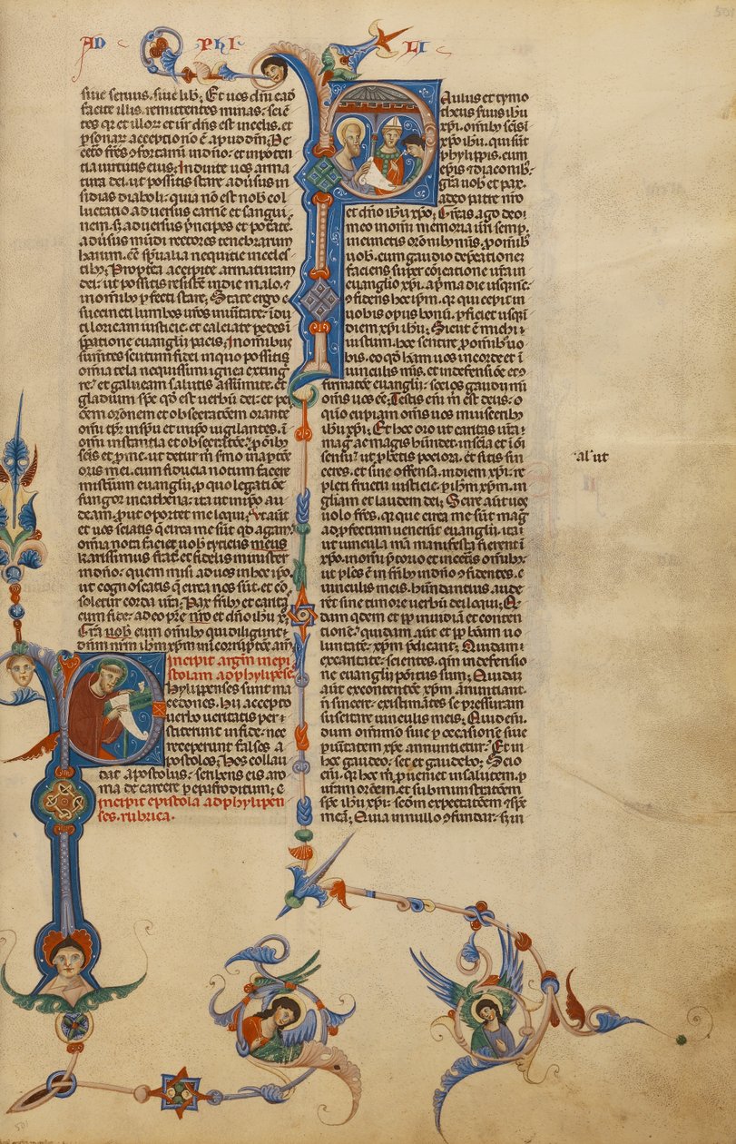 Iniziale P: San Paolo; Iniziale P: Un vescovo che consegna una lettera a un messaggero da Unknown artist