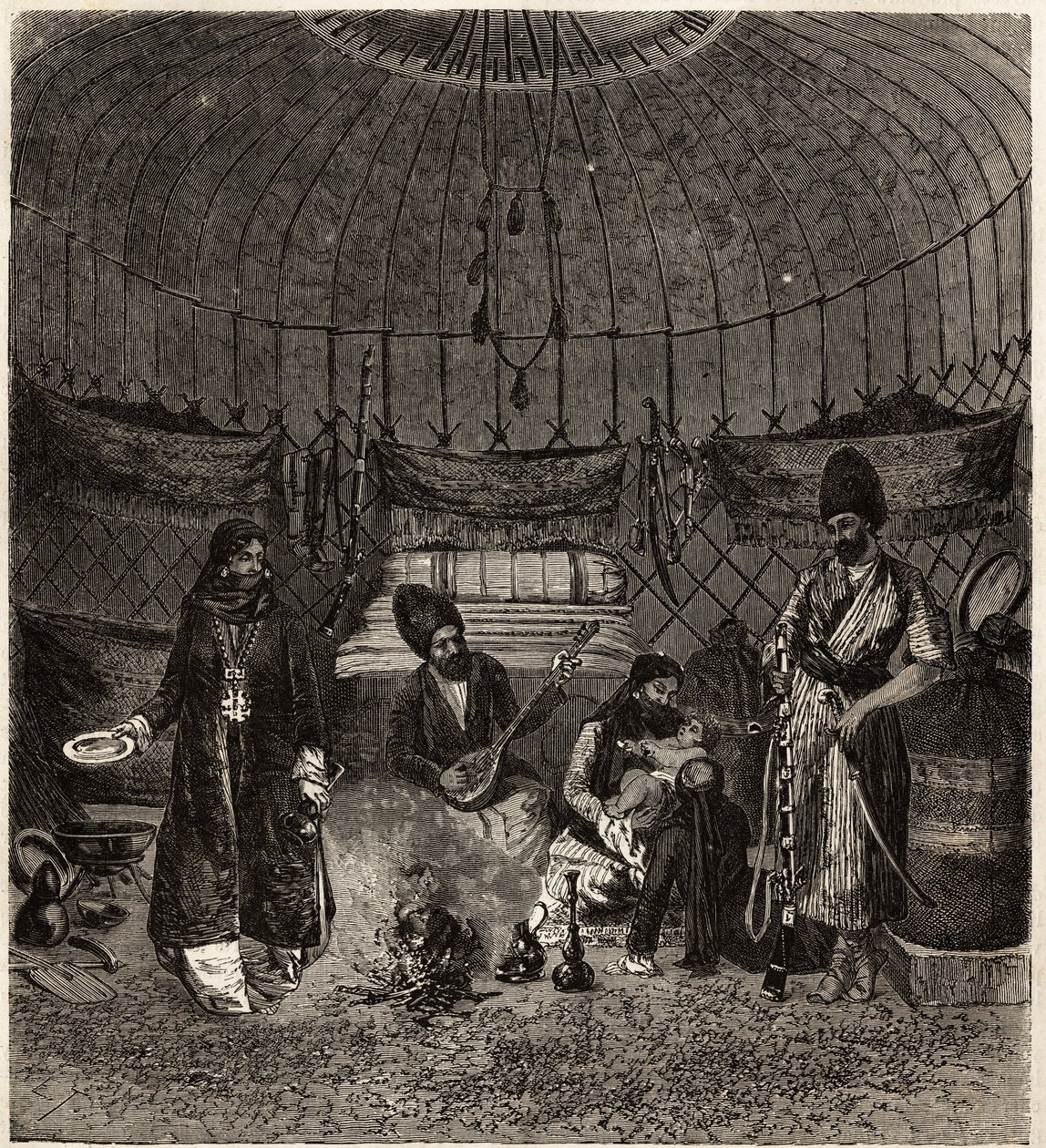 Dentro una tenda turca (Turkmena, Iraq), casa di una famiglia, con un barhchi (musicista, narratore) accompagnato dal dutare per cantare o recitare poesie. Incisione per illustrare la storia di Henri de Blocqueville 