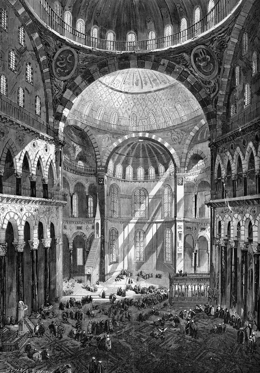 Vista interna della moschea di Santa Sofia (Hagia Sophia) (arte bizantina del VI secolo) a Costantinopoli nel 1858 da Unknown artist