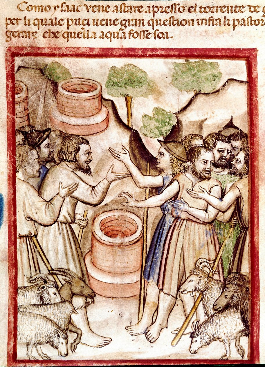 Isacco scava pozzi nella valle di Guerar e i pastori della valle lo cercano per litigare Miniatura dal codice 212 (o codice padovano o Bibbia di Padova) 1390-1400 Rovigo, Accademia dei Concordi da Unknown artist