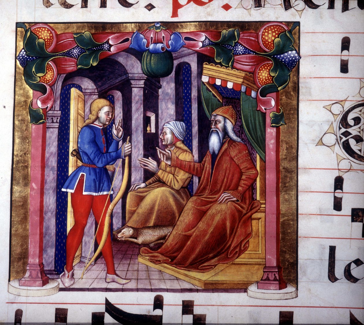 Isacco invita Esaù a cacciare. Manoscritto del XV secolo. Antifonario del XV secolo. Biblioteca di Lodi da Unknown artist