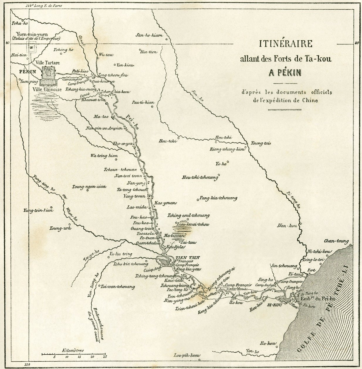 Itinerario lungo il fiume Hai He vicino a Tien Tsin (Tianjin) fino a Pechino, Cina. Carta, in "Le Tour du Monde, Nouveau journal des Voyages", edito da Edouard Charton, Parigi da Unknown artist