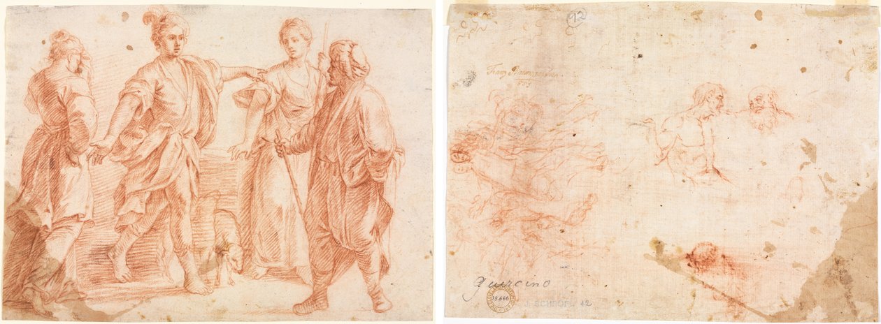 Giacobbe e Labano con Rachele e Lea (recto) Schizzo di due uomini e altre figure varie (verso) da Unknown artist