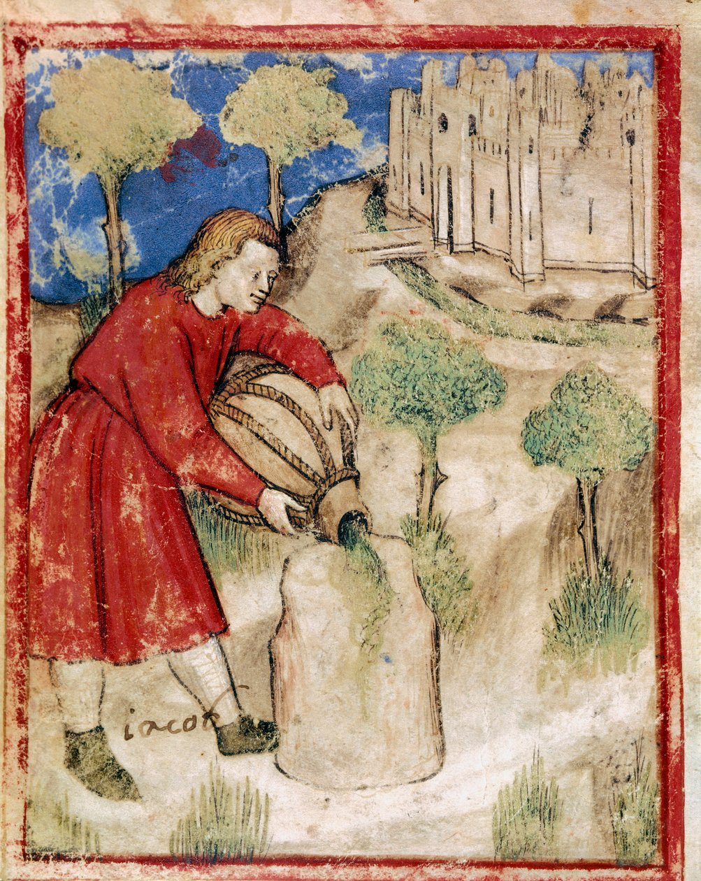 Giacobbe versò olio sulla pietra che gli era servita da cuscino Miniatura dal codice 212 (o padovano o Bibbia di Padova) 1390-1400 Rovigo, Accademia dei Concordi da Unknown artist