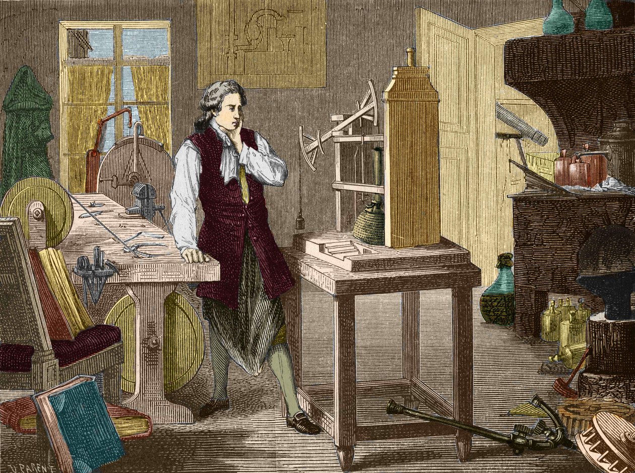 James Watt che studia il perfezionamento della macchina di Newcomen (1767) (motore a vapore) - in "Album della Scienza; illustri scienziati; Grandi scoperte" 1896 da Unknown artist
