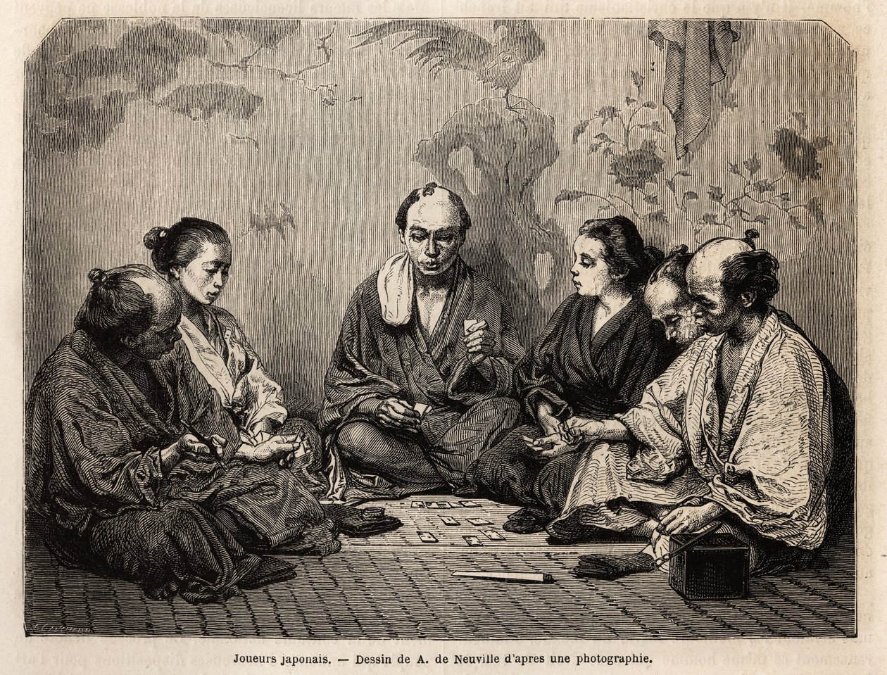 Giocatori giapponesi nel mezzo delle carte. Incisione per illustrare il Giappone, racconto di viaggio di Aime Humbert, ministro della Confederazione Svizzera, nel 1863-1864, pubblicato in “Le tour du monde, nouveau journal des voyages”, sotto la direzione  da Unknown artist