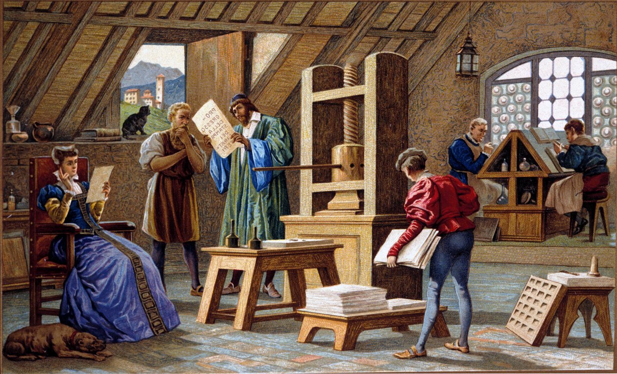 Johannes Gensfleisch Gutenberg (1400-1468), inventore della stampa (1438). Cromolitografia del XIX secolo. da Unknown artist