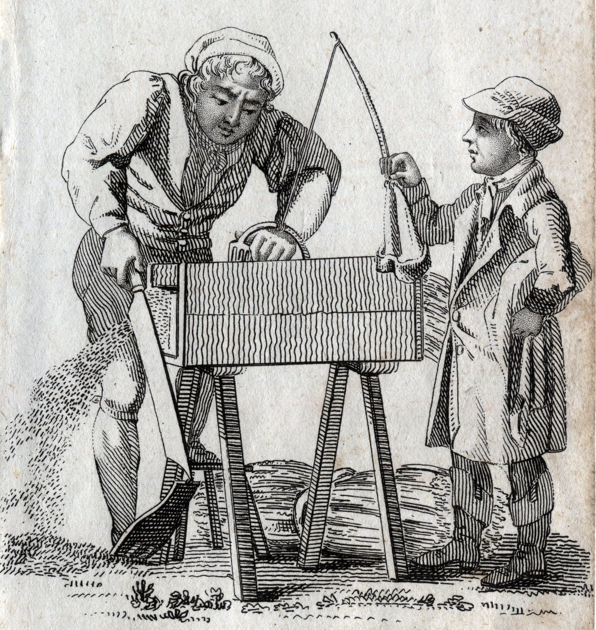 Falegname e apprendista. Incisione della fine del XVIII secolo. Collezione privata da Unknown artist