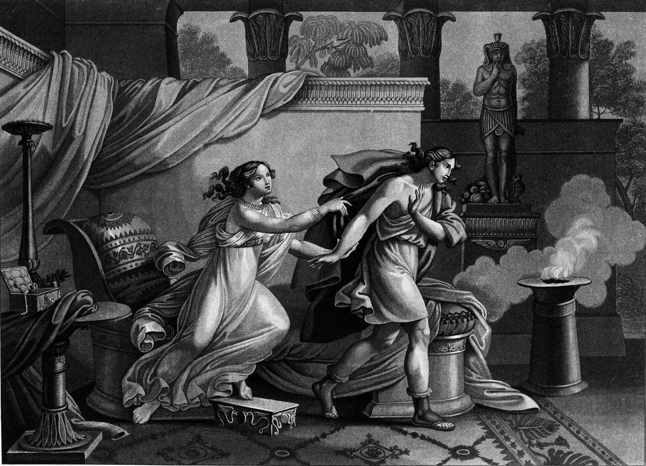 Giuseppe fugge dalla moglie di Putifarre che cerca di sedurlo. Litografia del XIX secolo da Unknown artist