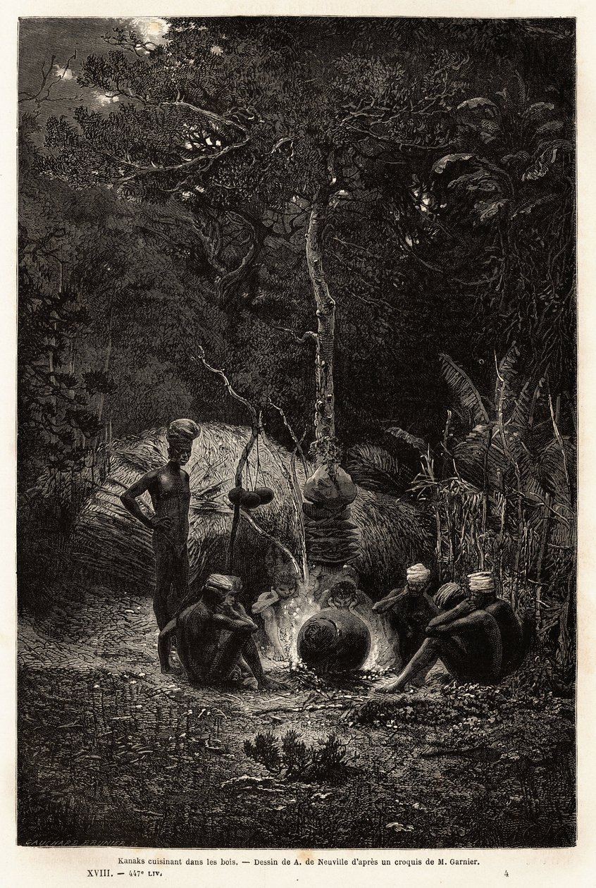 Kanak che cucinano nei boschi, nel territorio di Pamale. Incisione per illustrare il viaggio in Nuova Caledonia, di Jules Garnier, ingegnere civile delle miniere, nel 1863-1866, pubblicato in 
