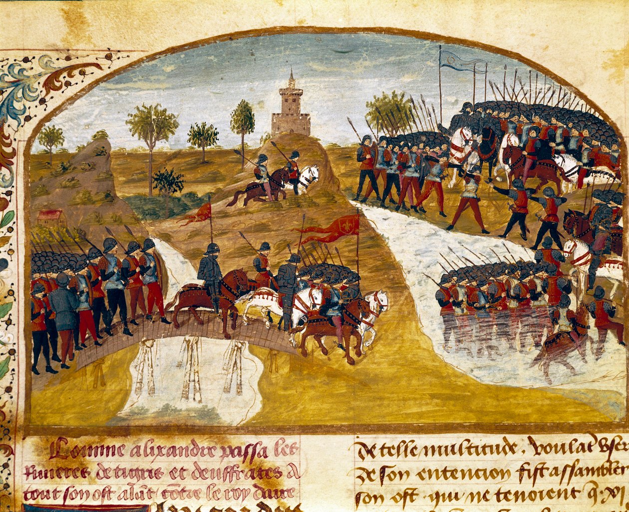 Il re Alessandro Magno (356-323 a.C.) e il suo esercito attraversano il Tigri e l
