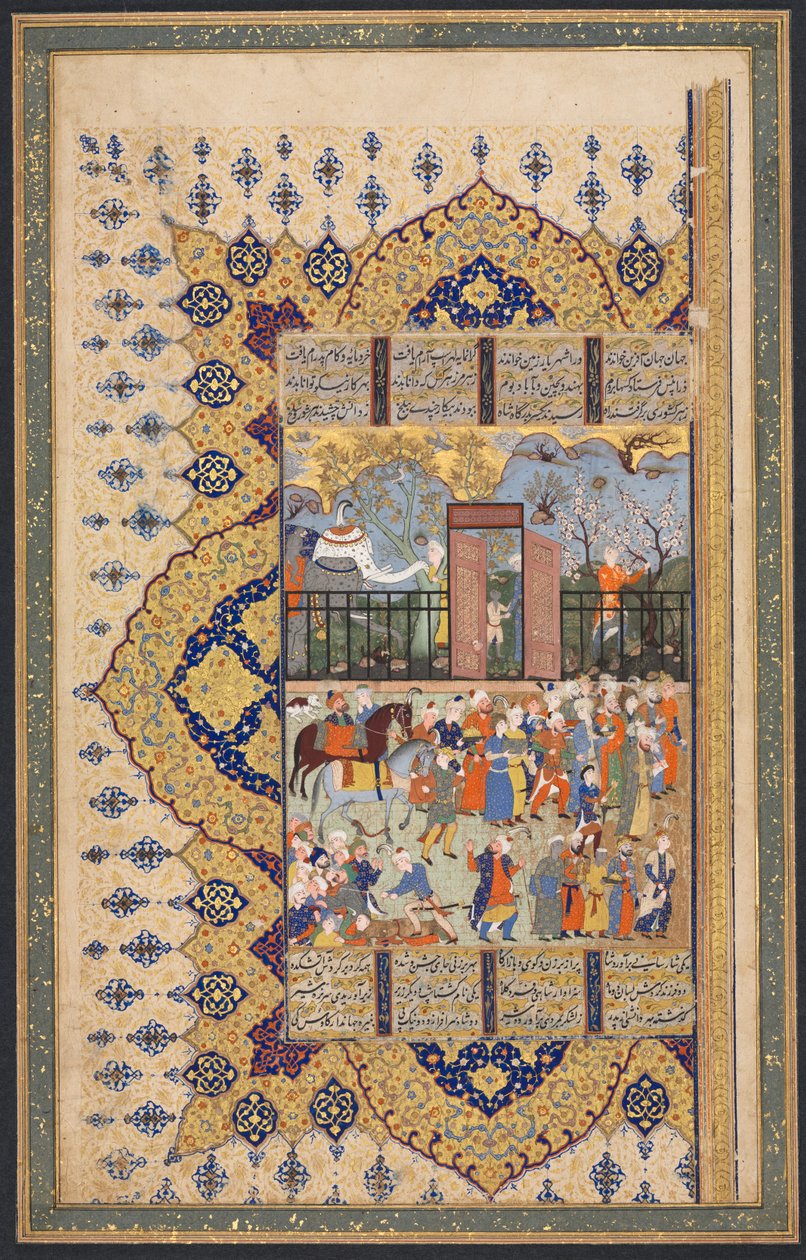 Il re Luhrasp sale al trono: una processione arriva a corte, recto del foglio sinistro di una composizione a doppia pagina da uno Shahnama (Libro dei Re) di Firdausi (940-1019 o 1025) da Unknown artist