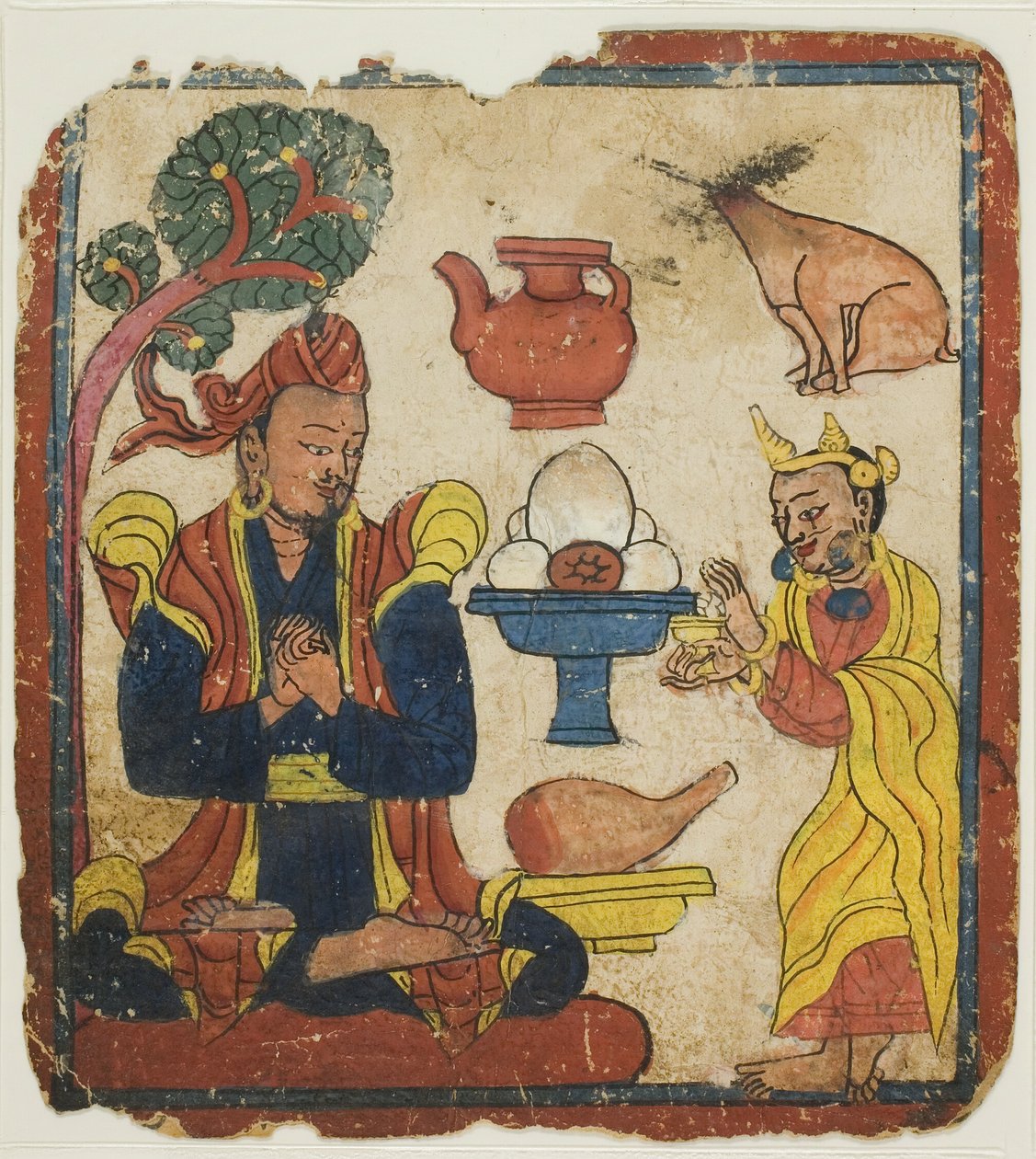 Re Mangkur nutrito dalla regina Devika, da un set di carte iniziatiche (Tsakali) da Unknown artist