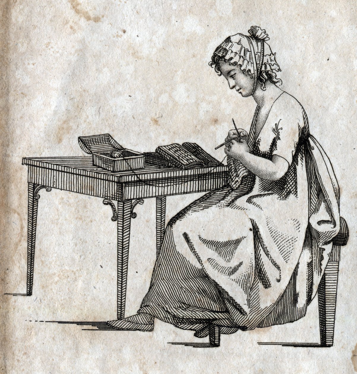 Macchina per maglieria: donna impegnata a lavorare a maglia (maglieria). Incisione fine XVIII secolo. Collezione privata. da Unknown artist