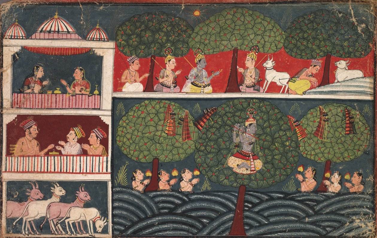 Krishna ruba i vestiti delle lattaie e spiega la virtù degli alberi, da un Braj Bhagavata Purana da Unknown artist