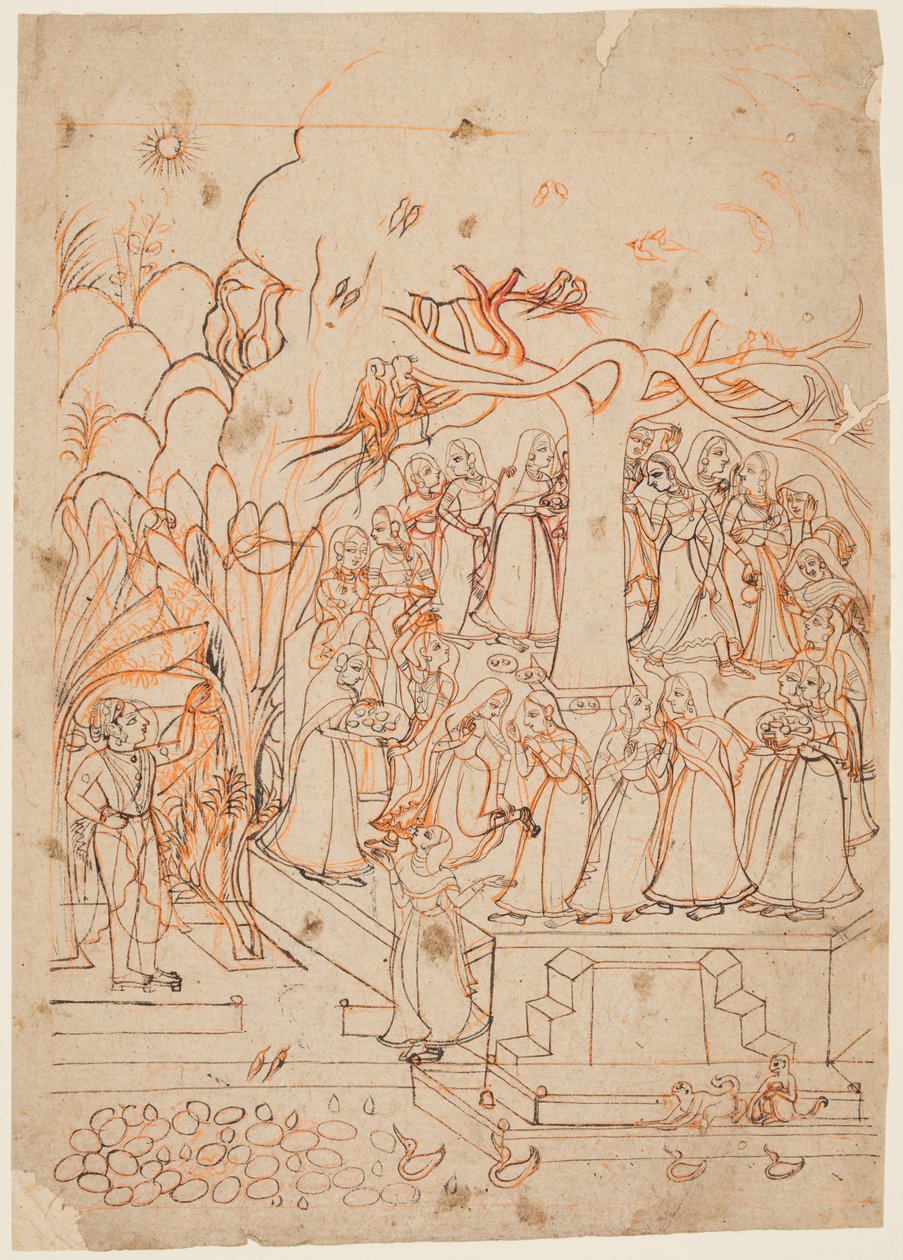 Krishna osserva le lattaie che circondano un albero sacro: il mese di Jyestha (maggio-giugno), da un Baramasa (I dodici mesi) da Unknown artist