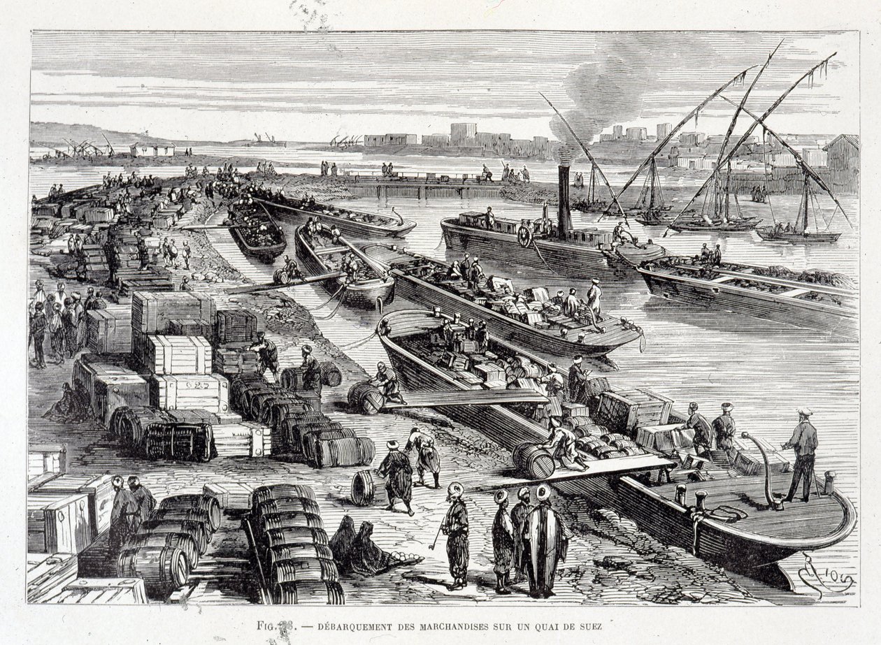 Sbarco di merci su un molo nel Canale di Suez da Unknown artist