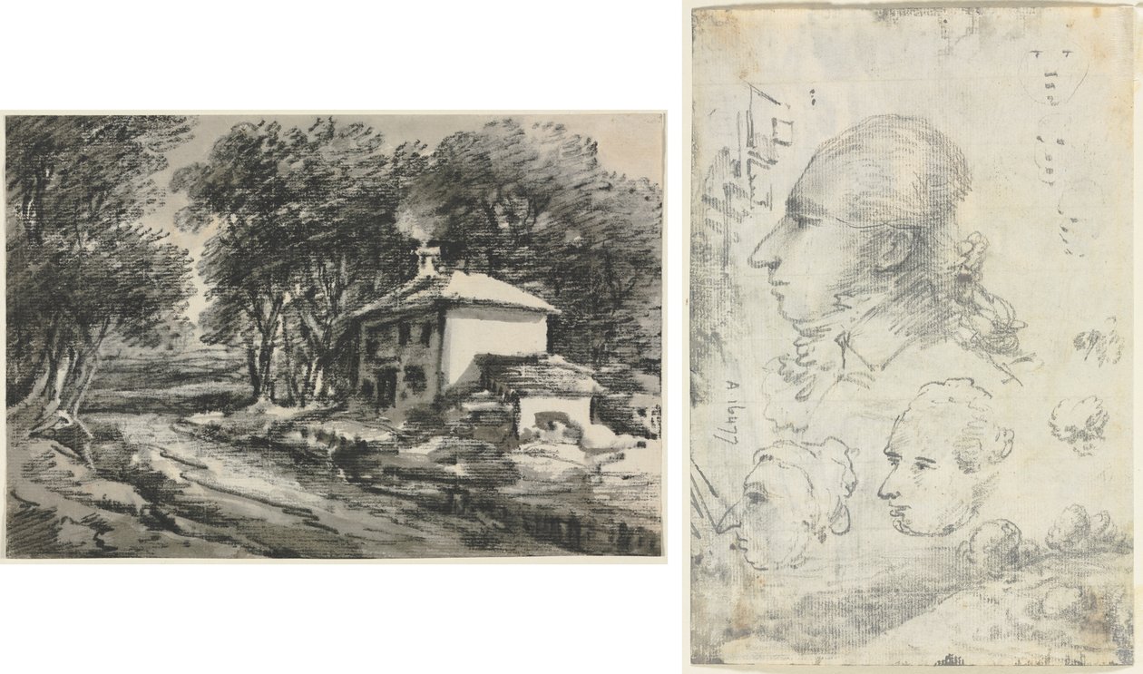 Paesaggio con cottage (recto); Studi di teste (verso) da Unknown artist