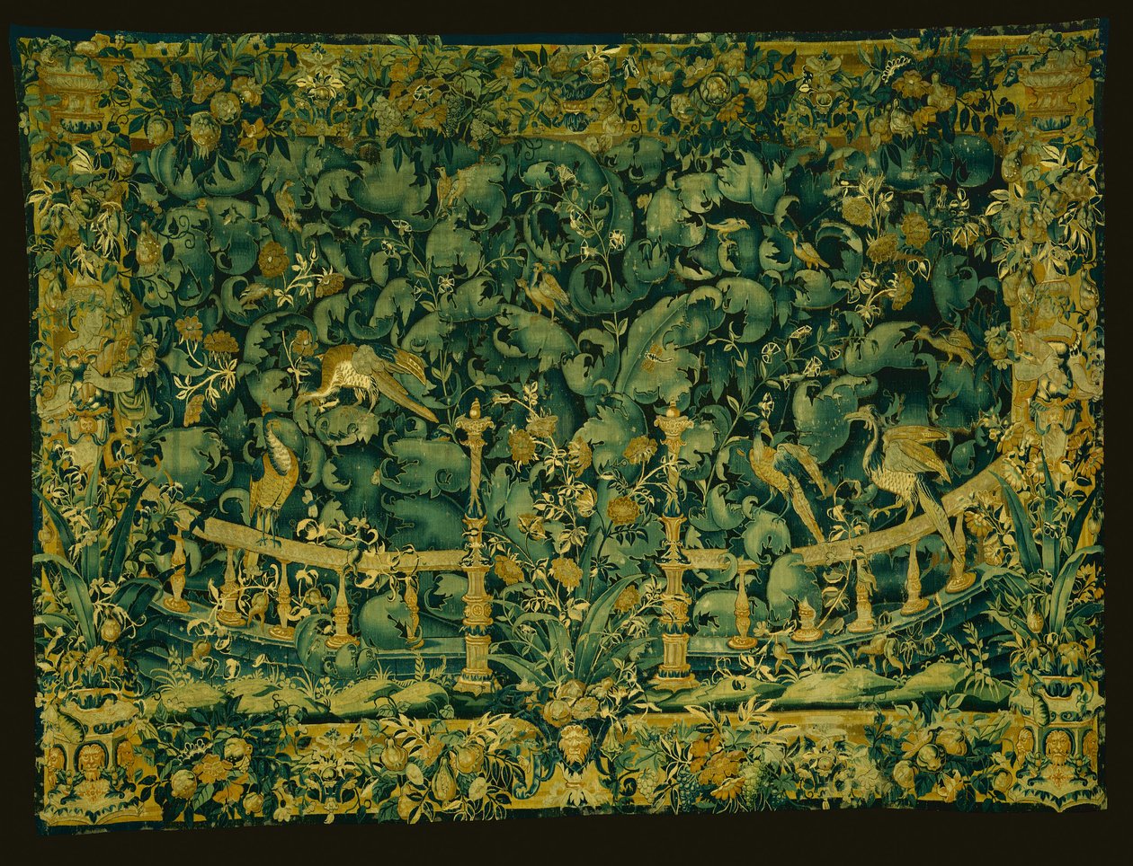 Verdure a foglie larghe con balaustra e uccelli da Unknown artist