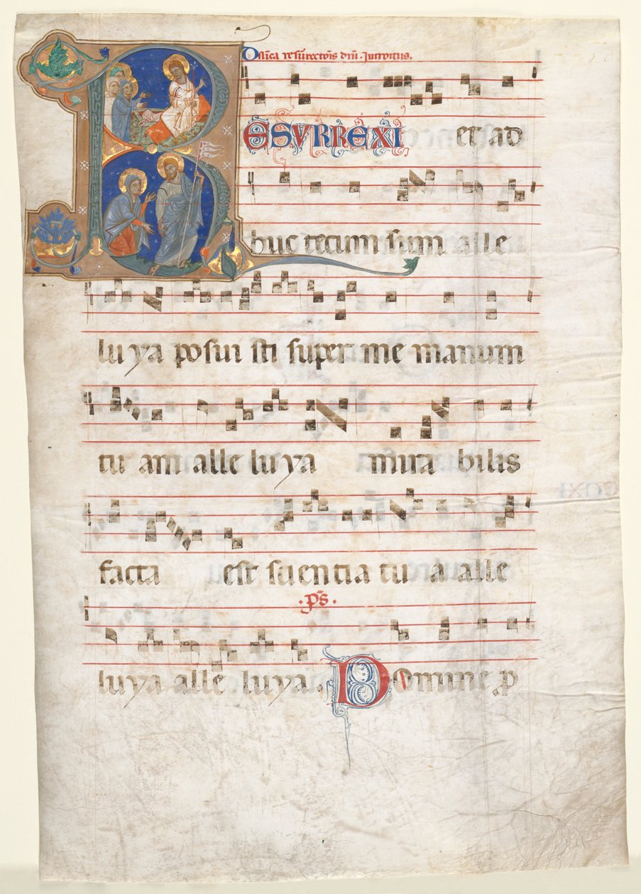 Foglio da un graduale: Iniziale (R) con le tre Marie al sepolcro e "Noli me Tangere" da Unknown artist