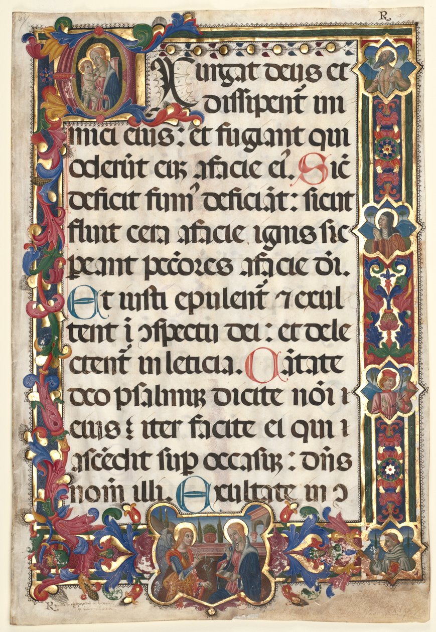 Foglio da un Salterio con Bordo Completo con Medaglioni (Annunciazione, SS. Girolamo, Chiara, Sebastiano e Bernardino) e Iniziale Istoriata (E): Vergine e Bambino da Unknown artist
