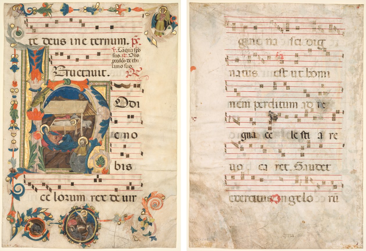 Foglio di un Antifonario con Iniziale Istoriata (H) con La Natività (recto) e Musica (verso) da Unknown artist
