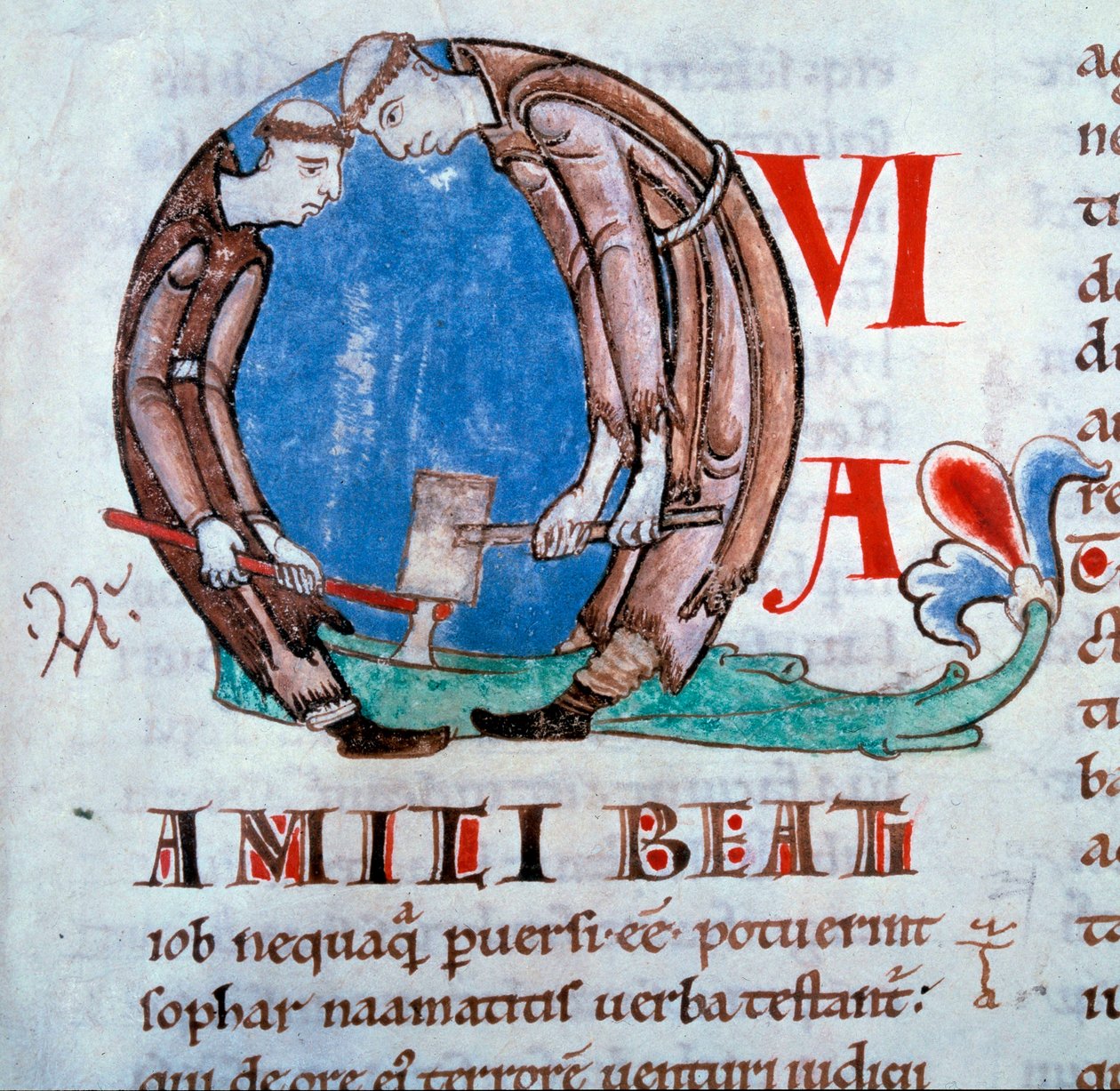 Lettera Q rappresentante i monaci disboscatori Miniatura tratta dal 
