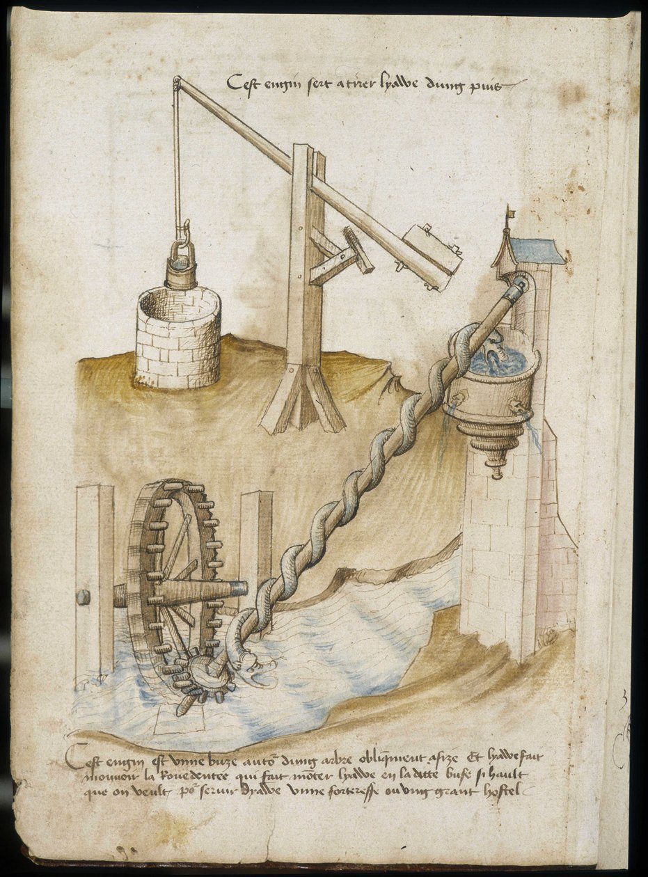 Sistemi a leva per pozzi e approvvigionamento idrico con ruota a vite - Manoscritto: foglio di pergamena di un manuale di ingegneria per la costruzione di edifici civili, religiosi e militari, anonimo, fine XV secolo da Unknown artist