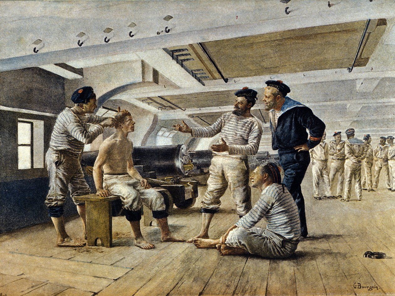 Vita a bordo di una nave da guerra francese: il barbiere della nave rade i marinai, c.1800 da Unknown artist