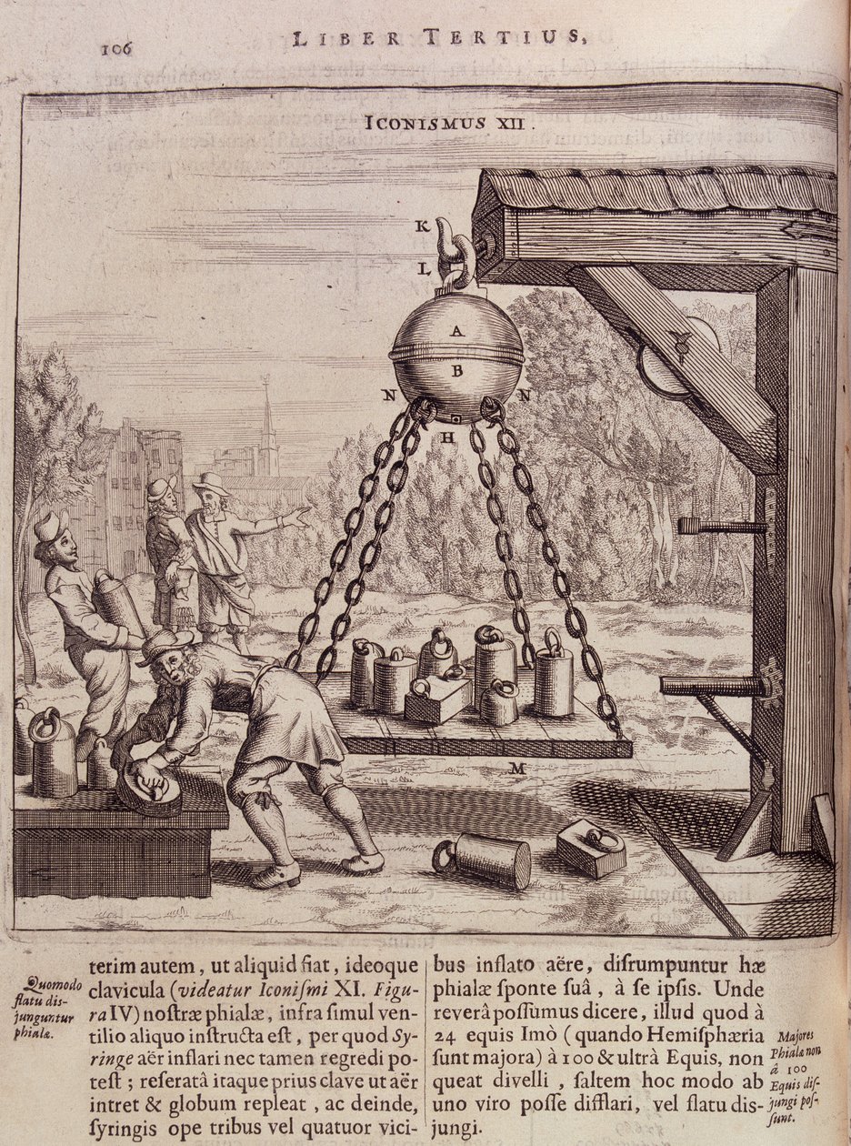 Caricamento delle emisperi di Magdeburgo sospese - in "Ottonis de Guericke: Experimenta Nova Magdeburgica de vacuo spatio" di Otto von Guericke da Unknown artist