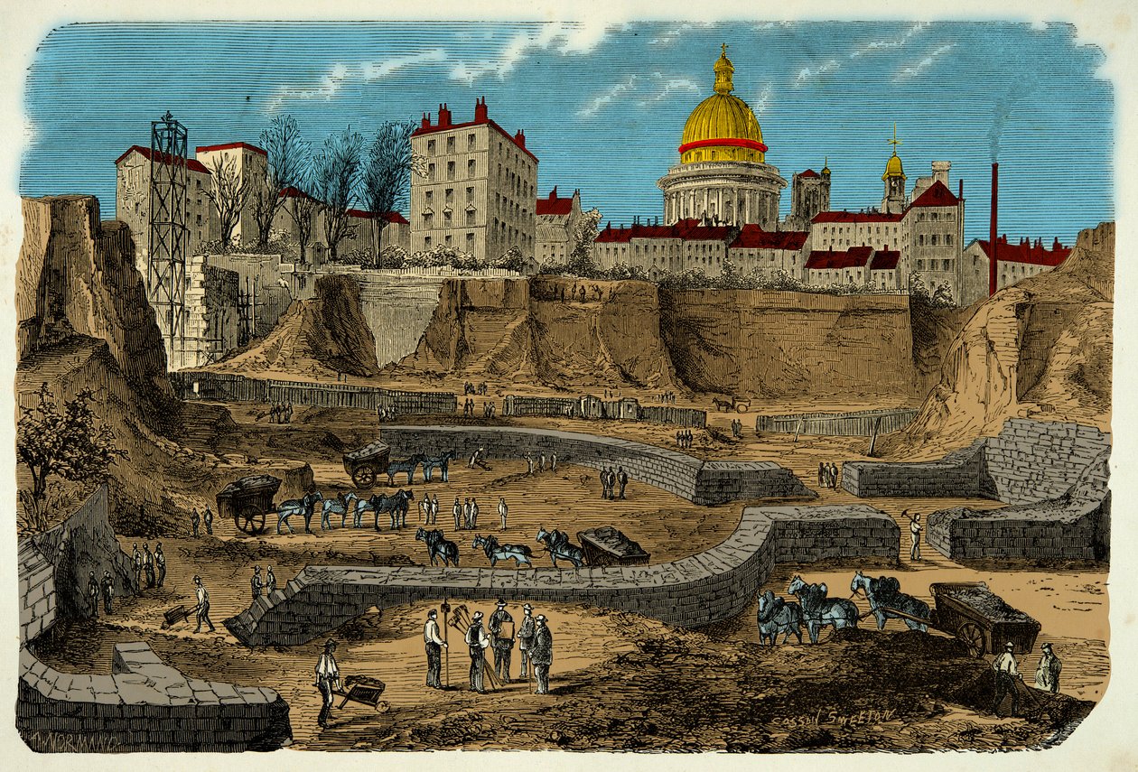 Ubicazione del circo gallo-romano risalente al II secolo a.C., scoperto nel 1870 durante la perforazione di rue Monge a Parigi, incisione del XIX secolo da Unknown artist