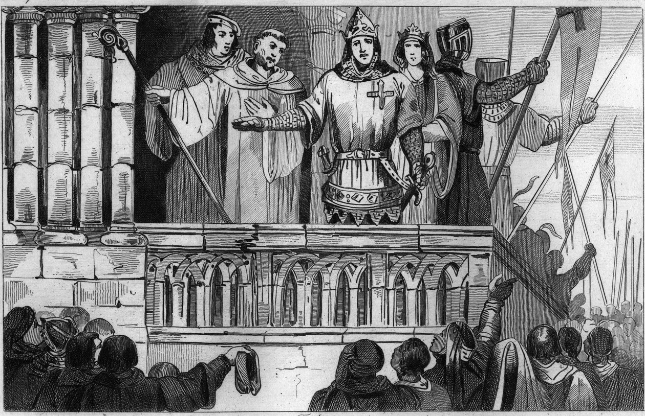Luigi VII (1120-80) il Giovane raccoglie supporto per la Seconda Crociata nel 1144 - Luigi VII intraprende la 2ª Crociata su consiglio di San Bernardo di Chiaravalle - Incisione 1825 in "Histoire de France rappresentata da sinottici" da Unknown artist