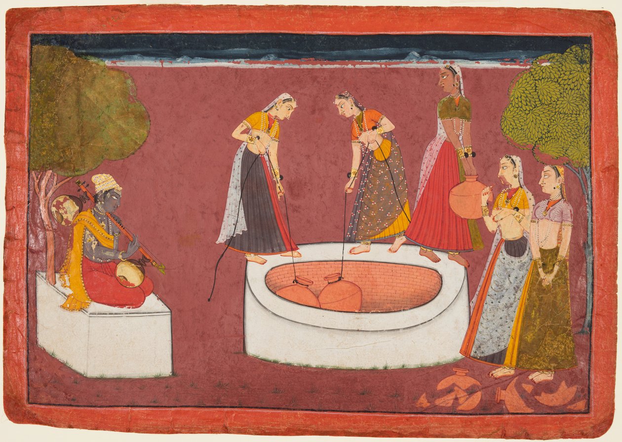 Madhava suona la sua vina davanti a cinque donne che attingono acqua da un pozzo, da un Madhavanala Kamakandala da Unknown artist