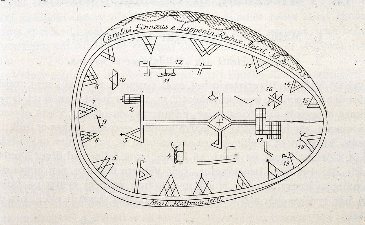 Tamburo magico degli sciamani in Lapponia, illustrazione di un libro sul viaggio di Linne da Unknown artist