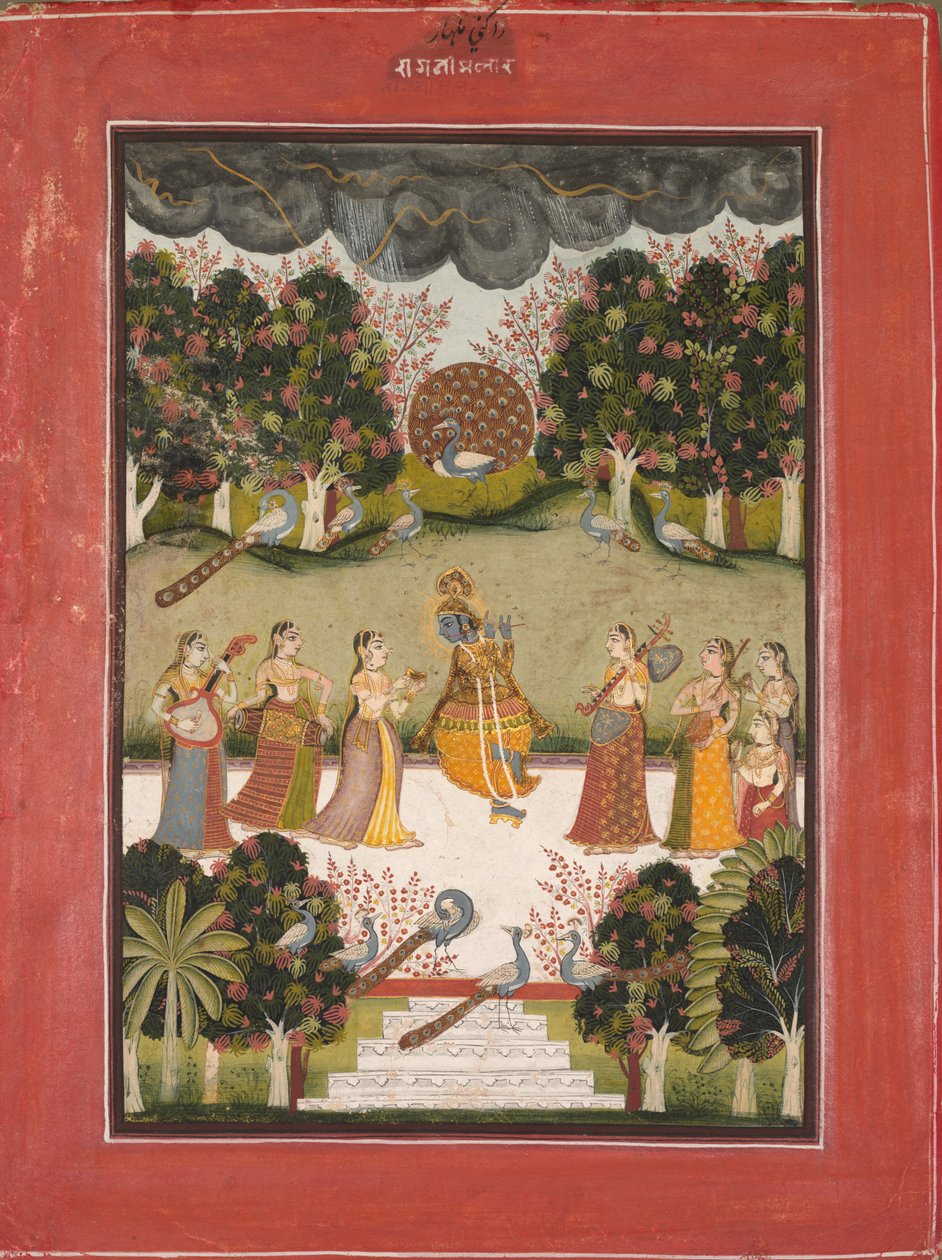 Malar Ragini: Krishna che suona il flauto a sette Gopi con strumenti musicali, dalla serie Ragamala da Unknown artist