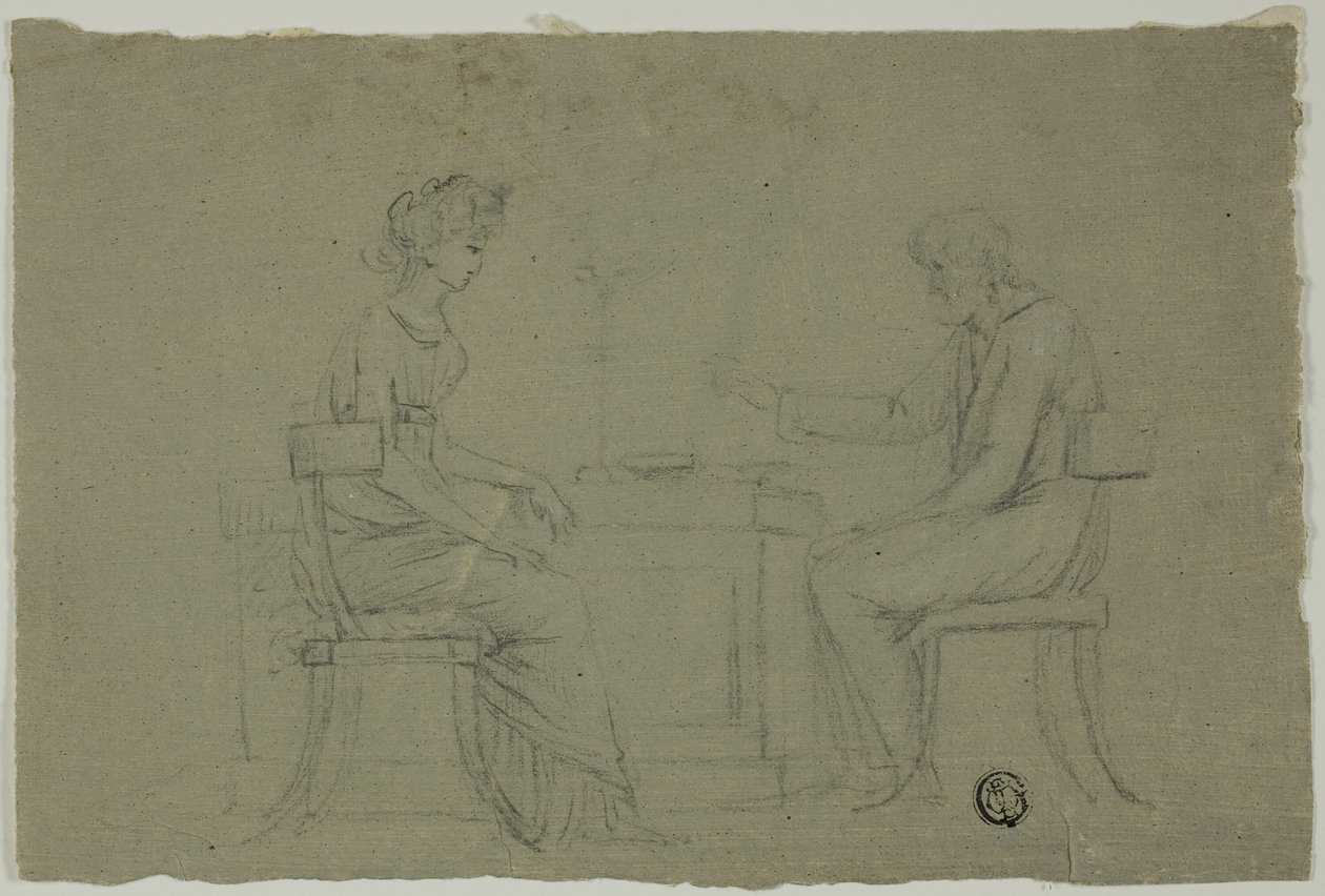 Uomo e donna seduti al tavolo da Unknown artist