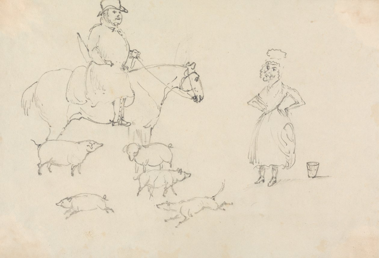 Uomo a cavallo, con maiali da Unknown artist