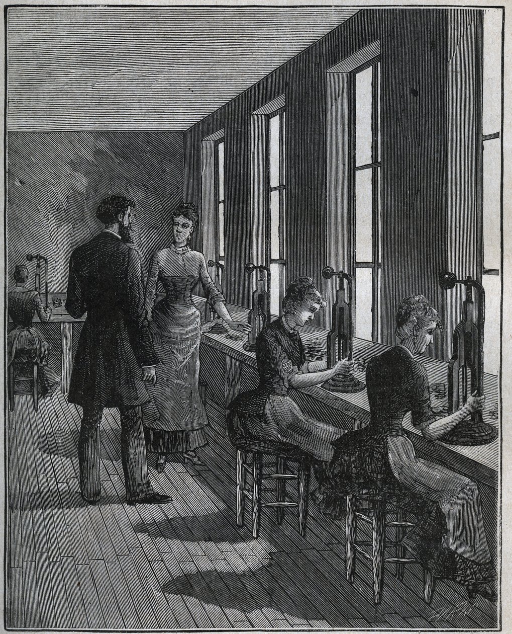 Fabbricazione di piume di metallo: officina di découpage in Francia nel XIX secolo. Incisione del 1885 in "Les arts et métiers illustrés" di Adolphe Bitard. da Unknown artist