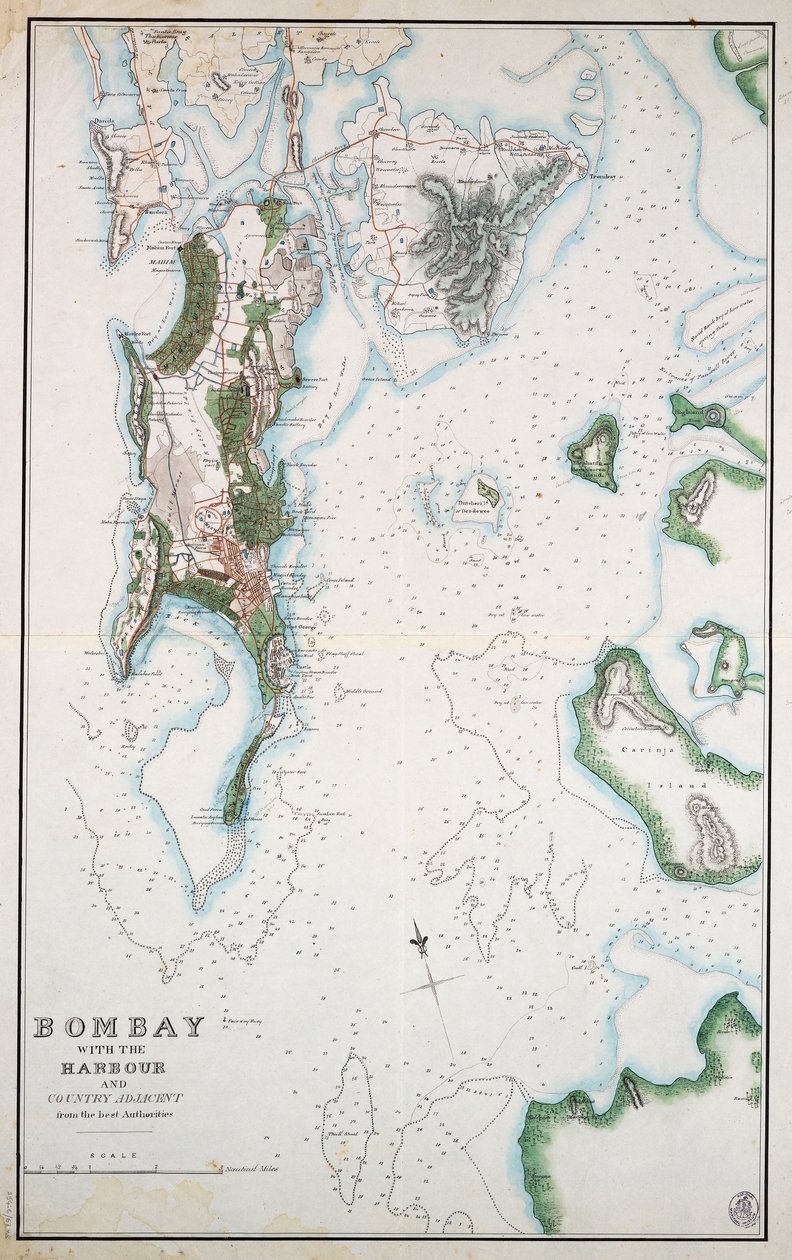 Mappa di Bombay con il porto e il paese adiacente, mostrati anche il Mare Arabico e il Golfo Persico, c.1855 da Unknown artist