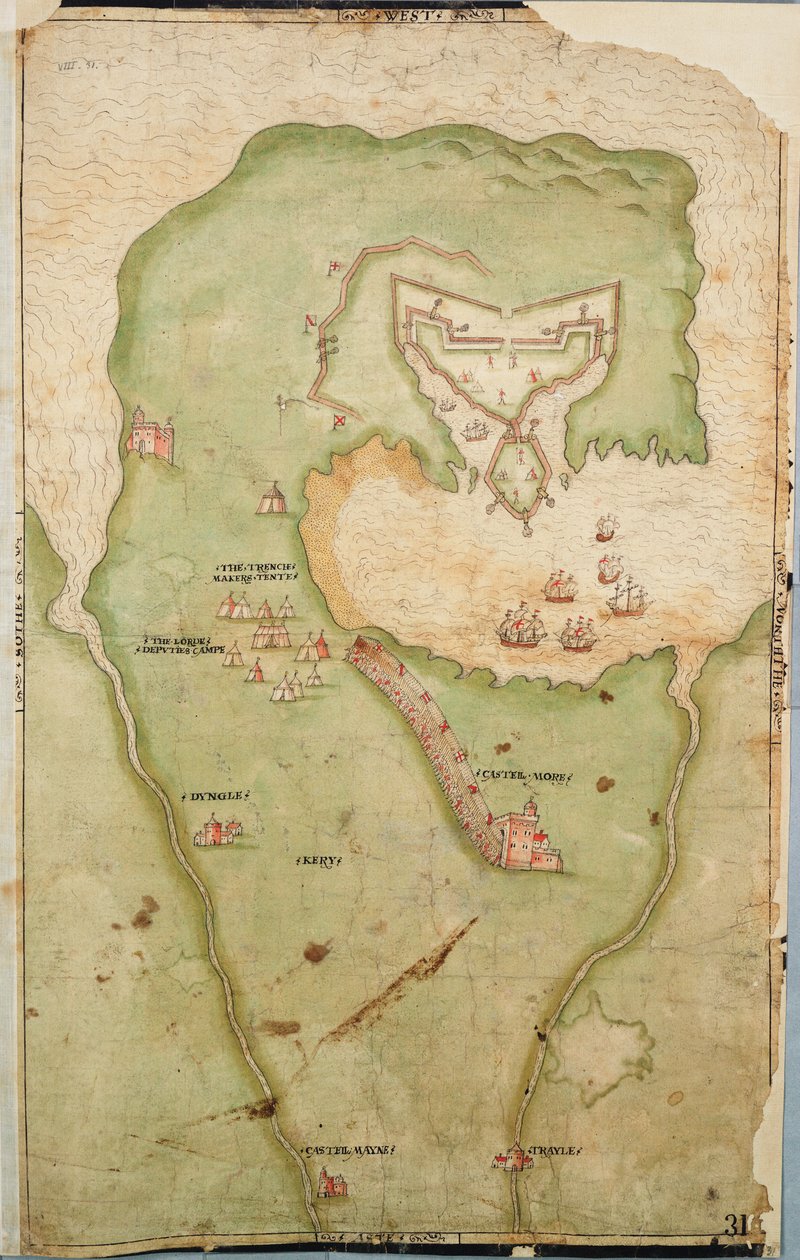 Mappa di Smerwick, Irlanda, che mostra il terrapieno inglese con due cannoni per attaccare il forte spagnolo e soldati inglesi che marciano fuori da Castell More da Unknown artist