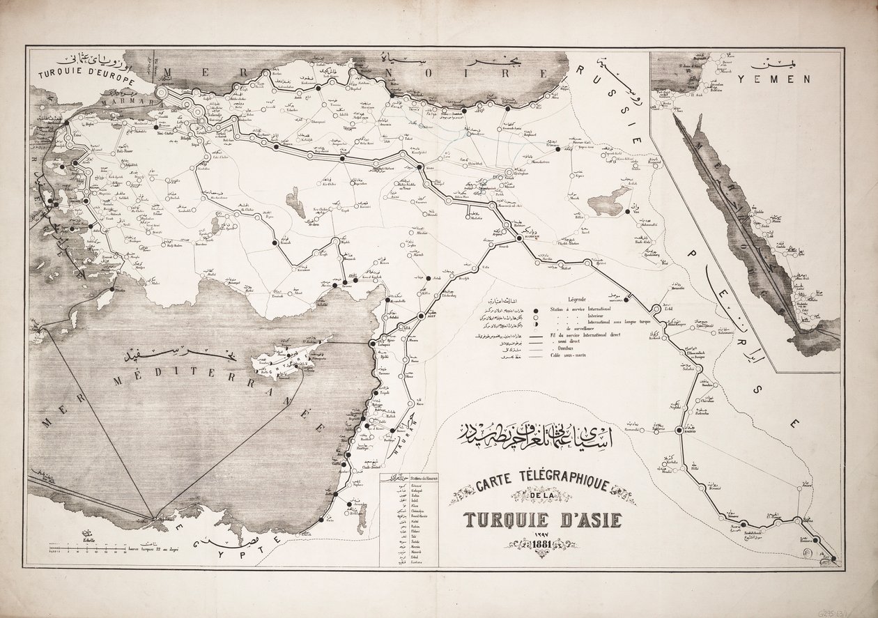 Mappa della Turchia che mostra i cavi telegrafici e le stazioni da Unknown artist