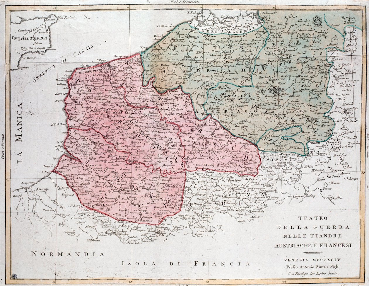 Mappa della campagna delle Fiandre tra esercito francese ed esercito austriaco da Unknown artist