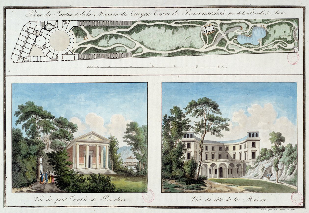 Mappa del giardino e della casa dello scrittore e drammaturgo francese Pierre Augustin Caron de Beaumarchais (1732-1799) da Unknown artist