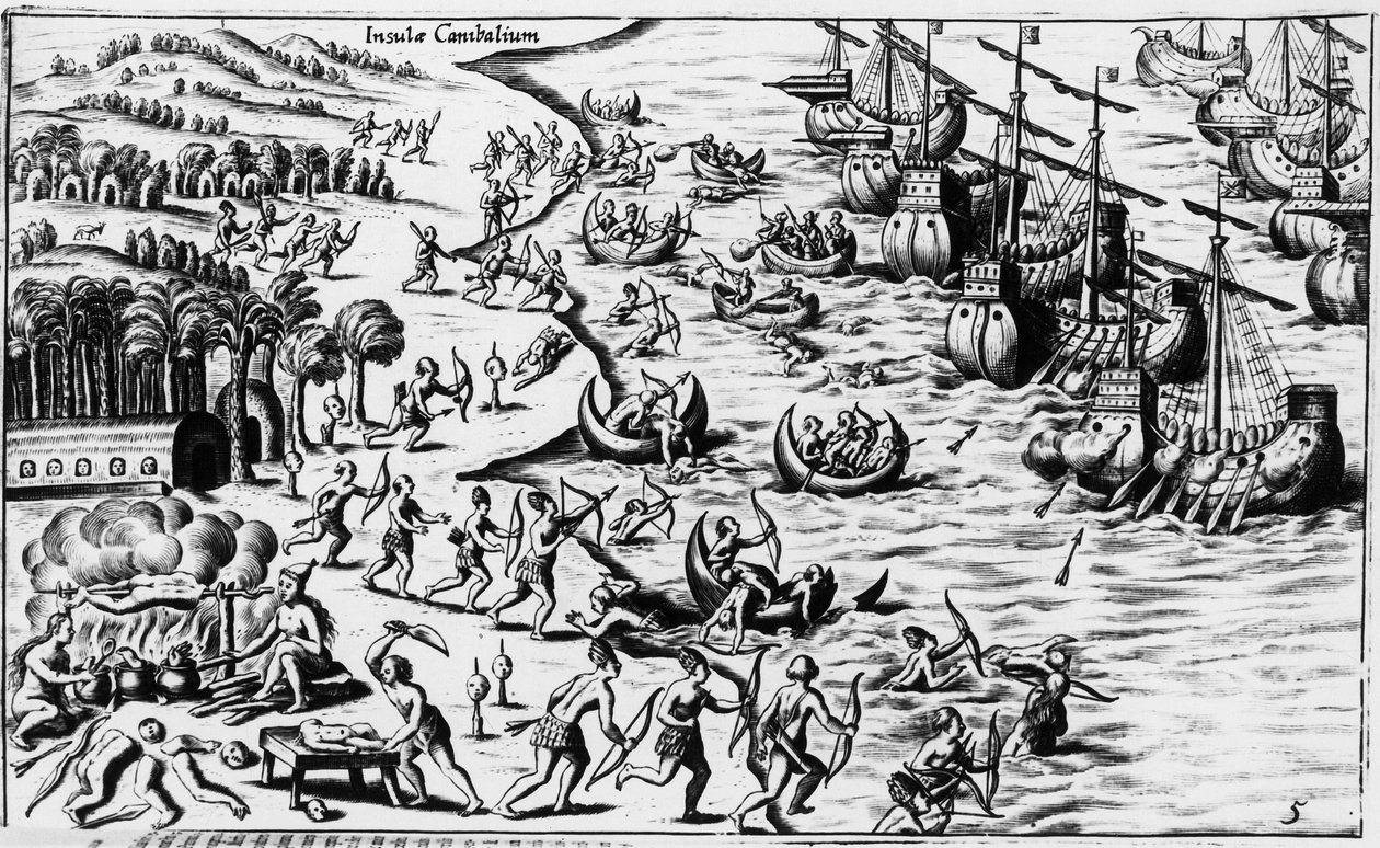 Incontro tra il popolo di Cristoforo Colombo e i Cannibali - in "Nova Tipus Transacto Navigatio Novi Orbi" di Philoponus Honorius da Unknown artist