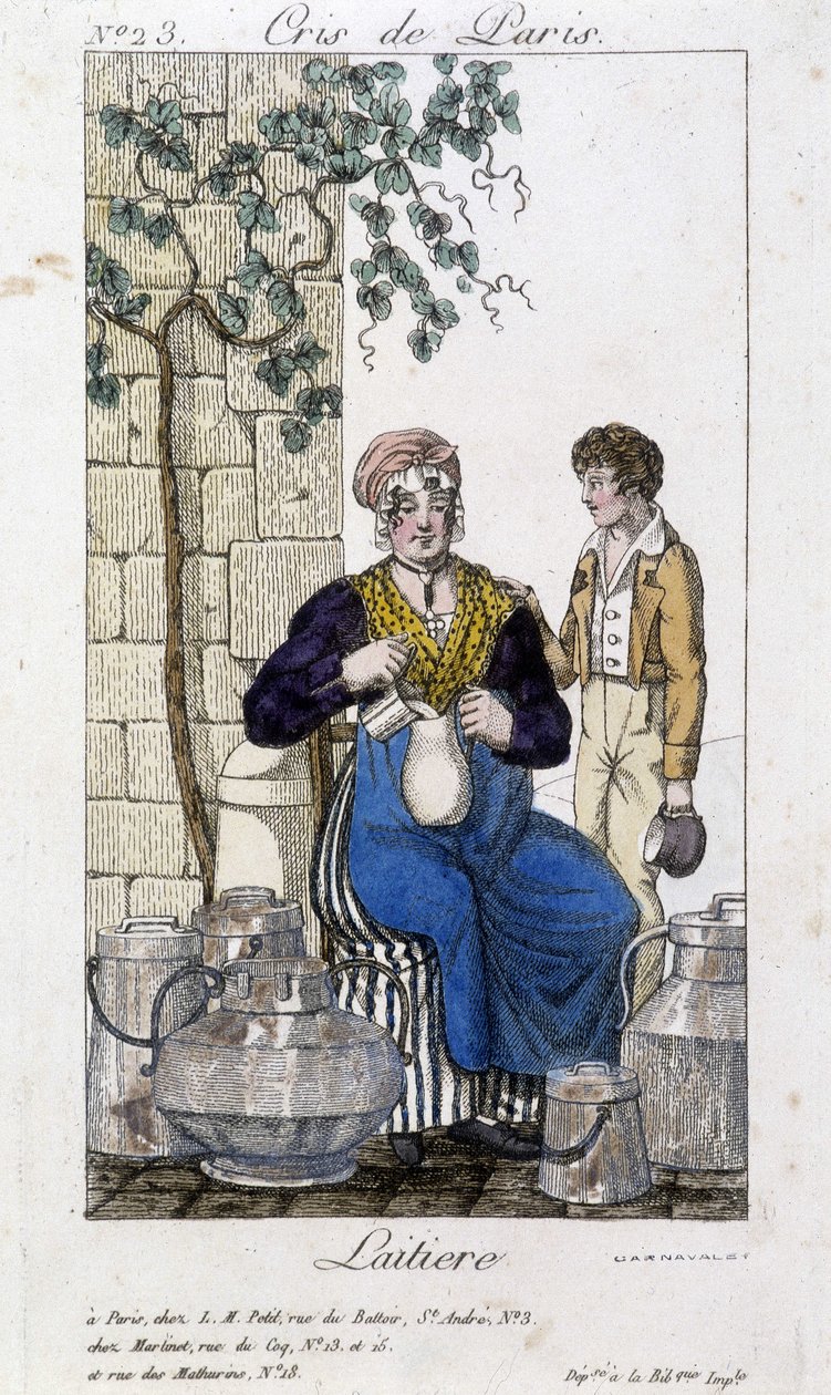 Lattaia che versa latte in una bottiglia per un giovane - in Cris de Paris, inizi XIX secolo da Unknown artist